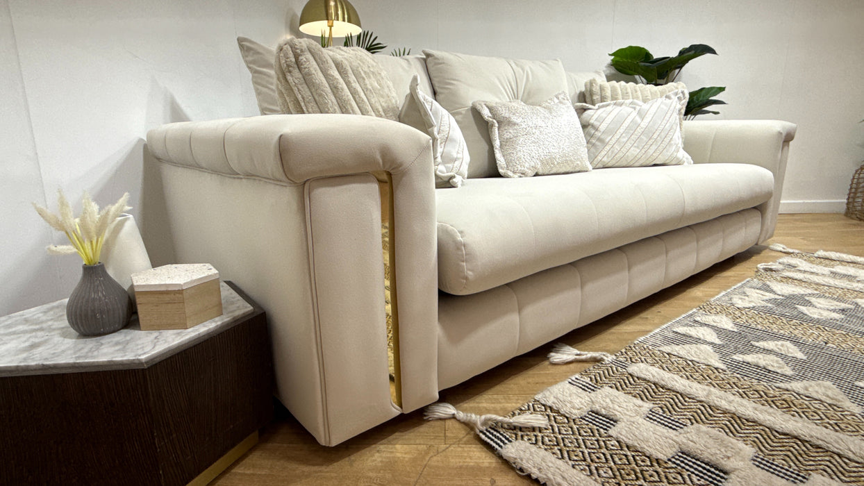 Sofology Oscar Fabric 4 Seater Gold Trim in Super Matt Velvet Ecru Mix