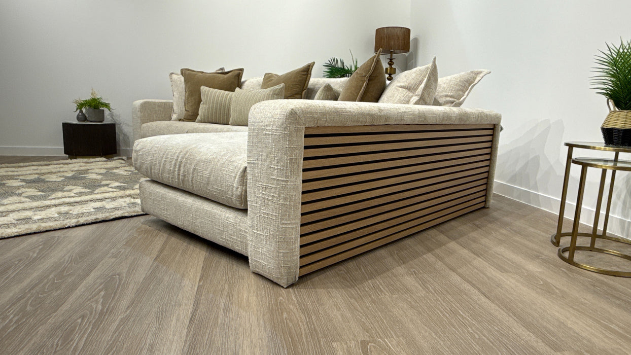 Sofology Cove Fabric Grande Chaise Light Wood Panel in Artisan Chenille Ecru Mix