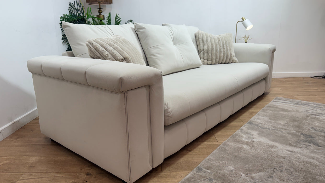 Sofology Oscar Fabric 4 Seater Distressed Walnut Trim in Super Matt Velvet Ecru Mix