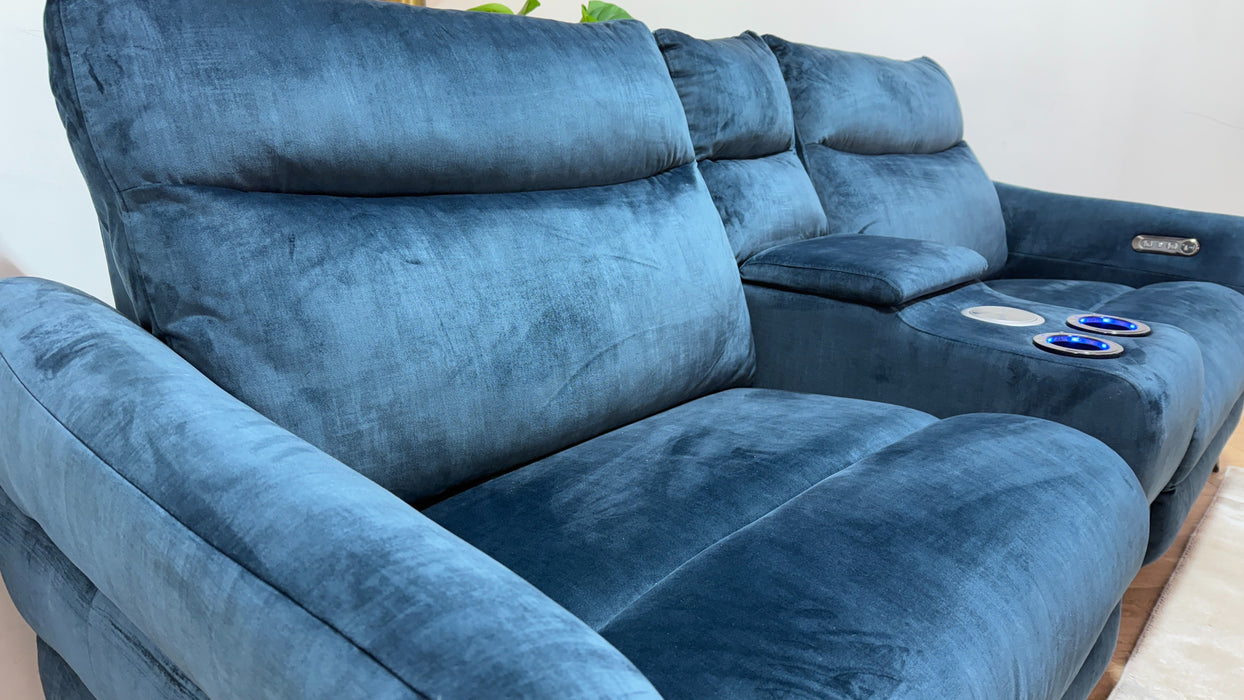Sofology The Renato Fabric 2.5 Seater Console Power Recliner in Heritage Velvet Airforce