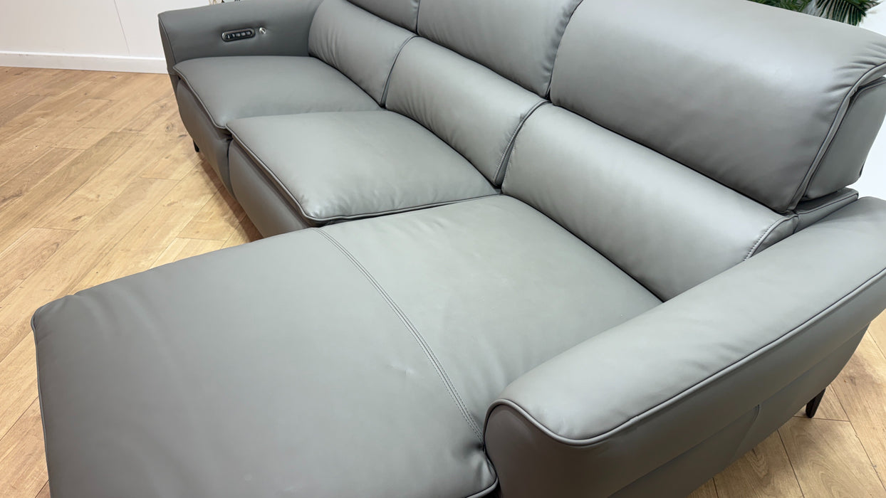 Sofology Viento Leather 3 Seater Chaise Power Recliner/Headrest Lumbar Heated Seat in Trusty Super Matt Storm Grey