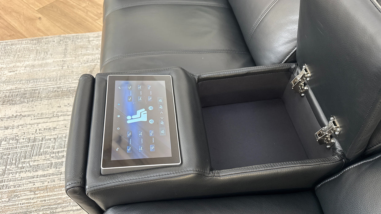 Sofology Allure Leather 2 Seater Power Recliner/Headrest Screen Console Heated Seats Lumbar Speakers in Trusty Embossed Jet Black