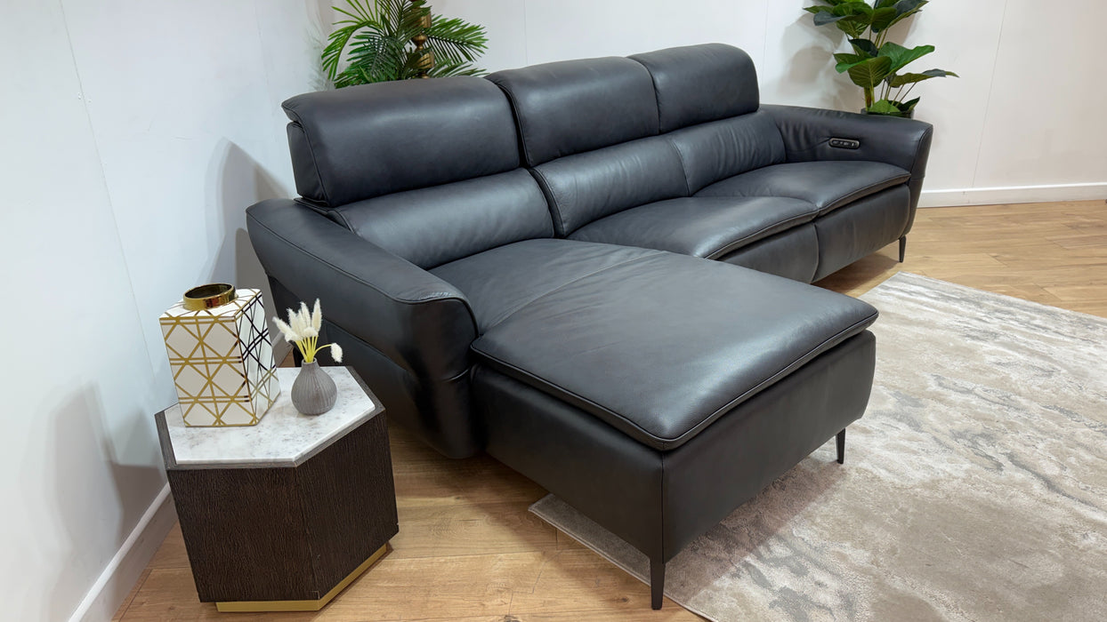 Sofology Viento Leather Chaise 3 Seater Power Recliner/Headrest Lumbar in Trusty Embossed Navy