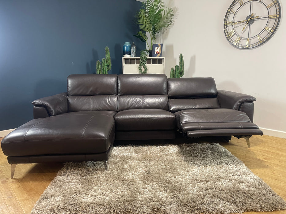 Illinois Chaise 3 Seater Sofa Power Recliner Power Headrest Trusty Soft Sheen Rich Brown Leather