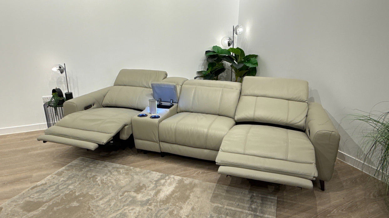 Sofology Allure Leather 3 Seater Power Recliner/Headrest Heated Seats Lumbar Support Speakers in Trusty Embossed Light Grey