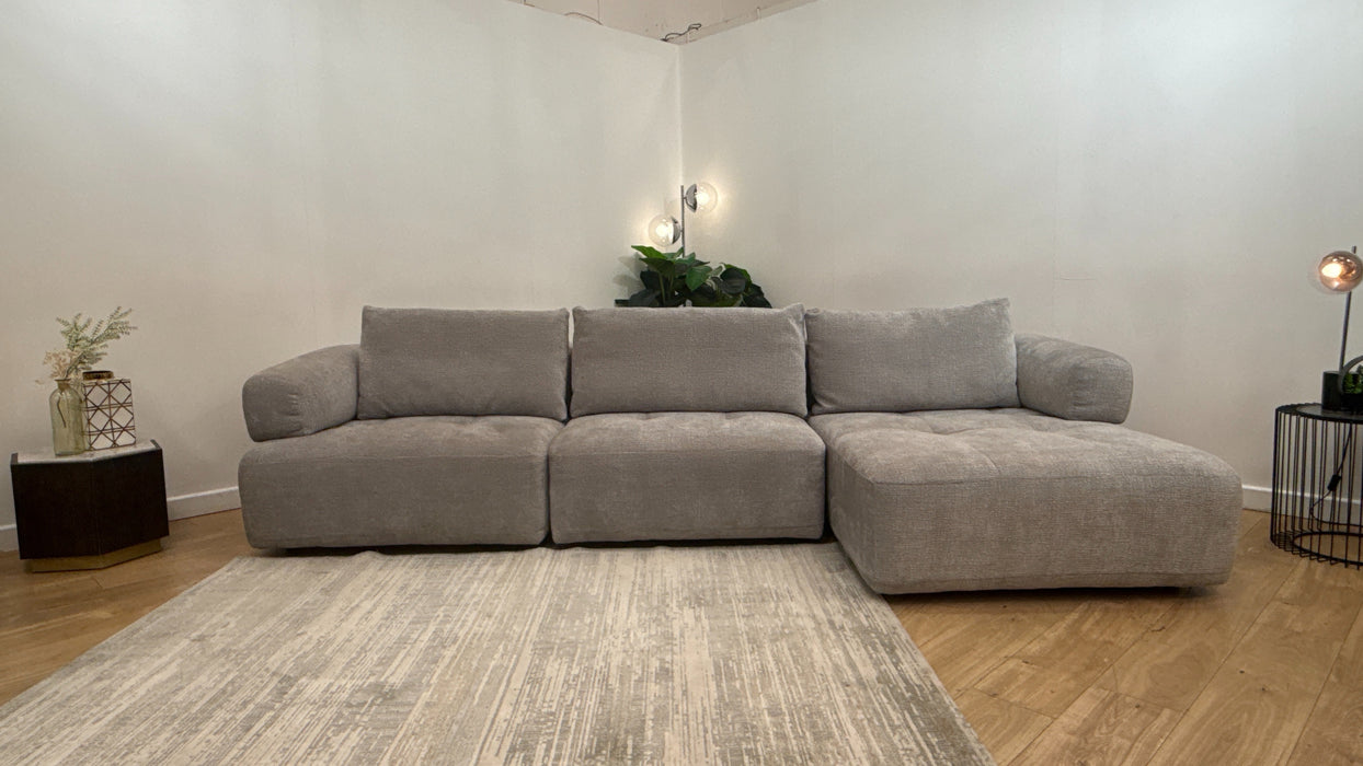 Sofology Fabric Flex 4 Seater Chaise Large Full Back Power Motion Back in Heavy Textured Chenille Light Grey