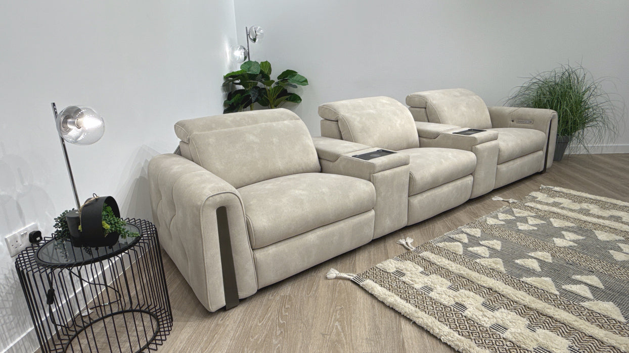 Sofology Kingsbridge 3 Seater Triple Power Recliner Cinema Sofa in Flecked Fabric Ivory