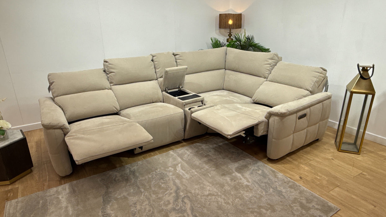 Sofology Ripley Fabric 3 Corner Console 1 Power Recliner/Headrest Lumbar Support in Lifestyle Nubuck Feel Stone