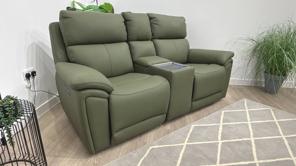 Sofology Atlanta Leather 2 Seater Console Power Recliner/Headrest in Trusty Soft Matt Dark Olive