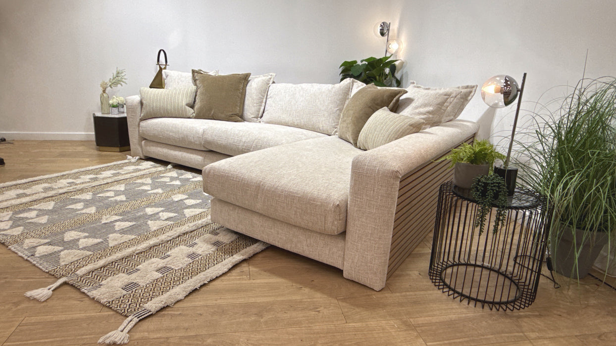 Sofology Cove Fabric Grande Chaise Light Wood Panel in Artisan Chenille Ecru Mix