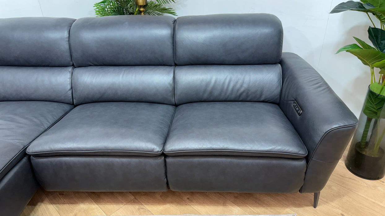 Sofology Viento Leather Chaise 3 Seater Power Recliner/Headrest Lumbar in Trusty Embossed Navy
