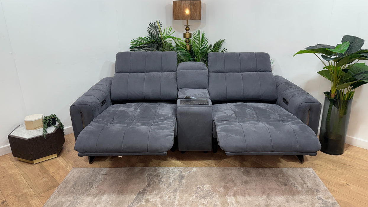Sofology Paramount Leather 2.5 Seater Console Power Recliner/Headrest Heated Seats Speakers in Trusty Embossed Charcoal