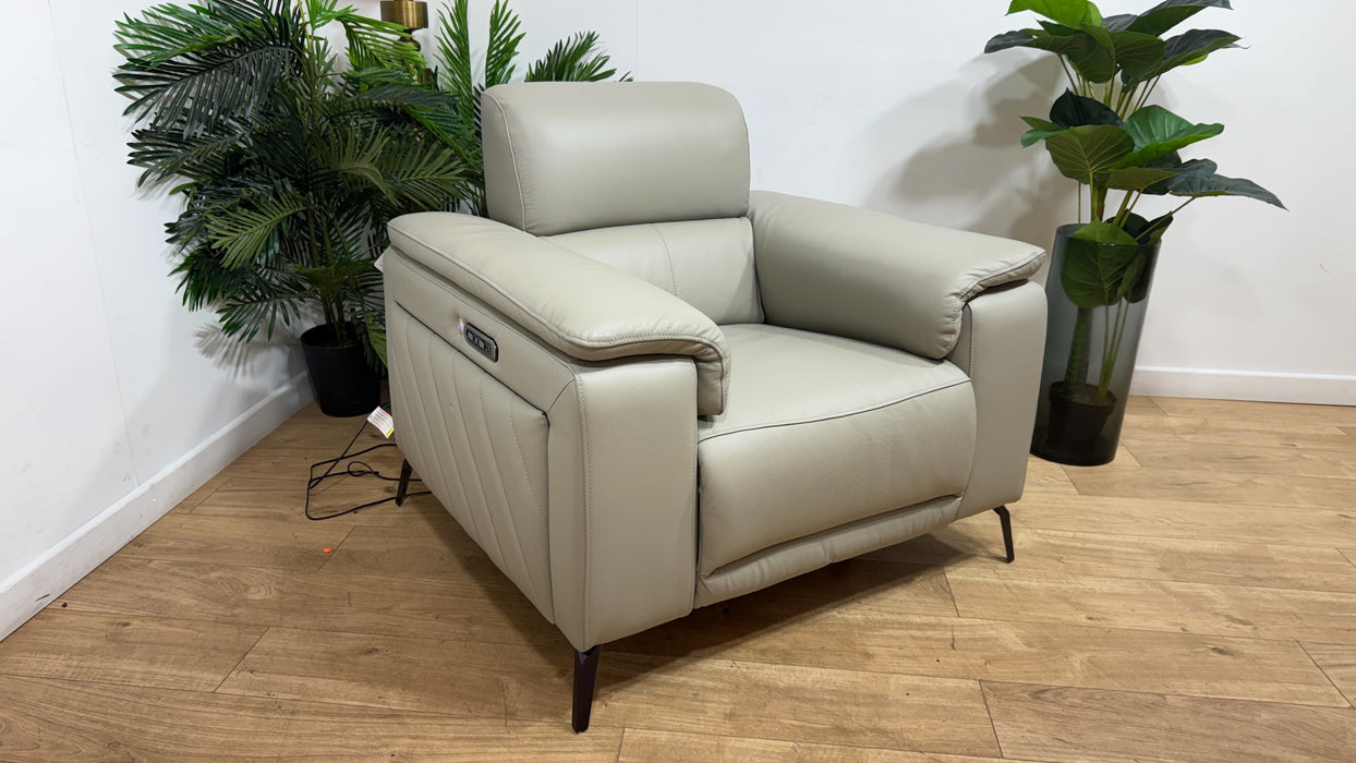 Sofology Fratelli Leather Chair Power Recliner/Headrest in Trusty Embossed Light Grey