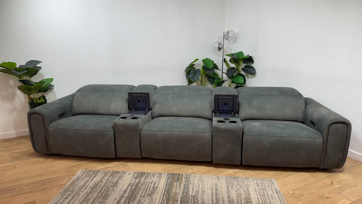 Sofology Premiere Fabric 3 Seater Cinema Sofa Consoles Power Recliner/Headrest x 3 in Lifestyle Flecked Mineral Green