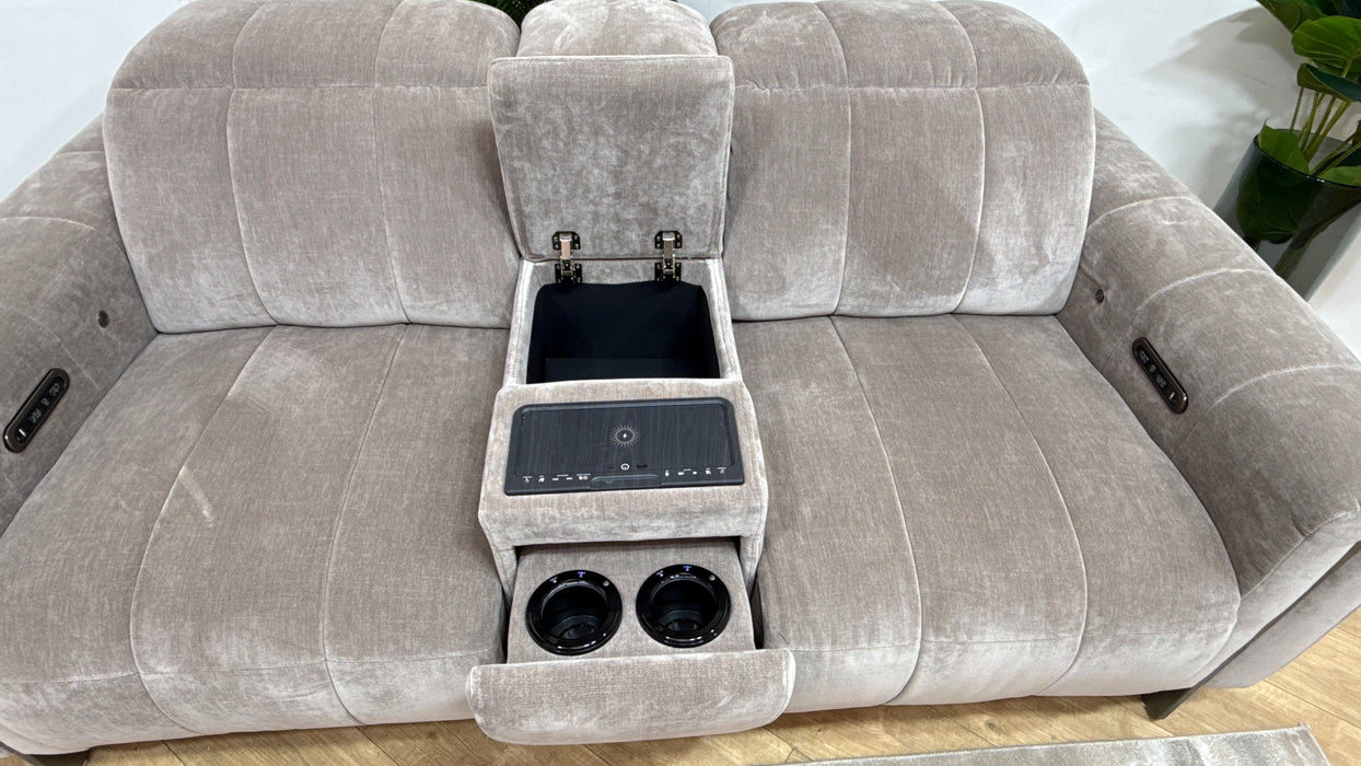 Sofology Paramount Fabric 2 Seater Console Power Recliner/Headrest Heated Seat Speakers in Relaxed Chenille Nutmeg