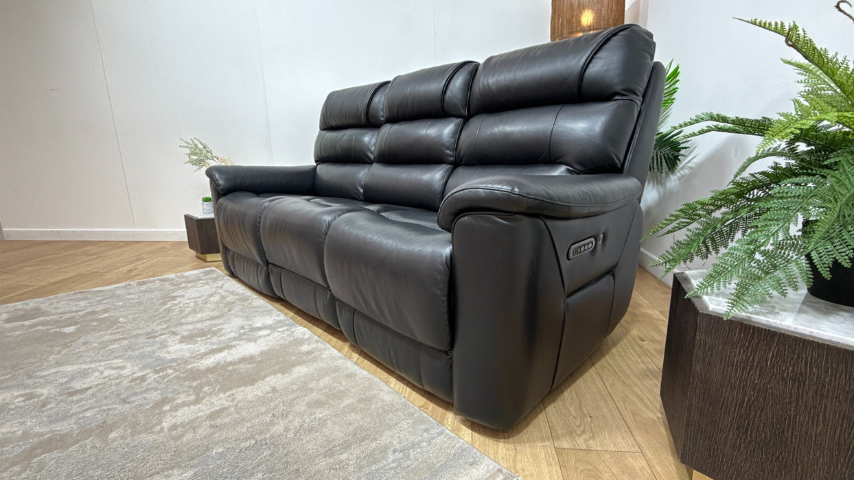 Sofology Cleveland Leather 3 Seater Power Recliner/Headrest Heated Seats Lumbar Support in Trusty Embossed Jet Black