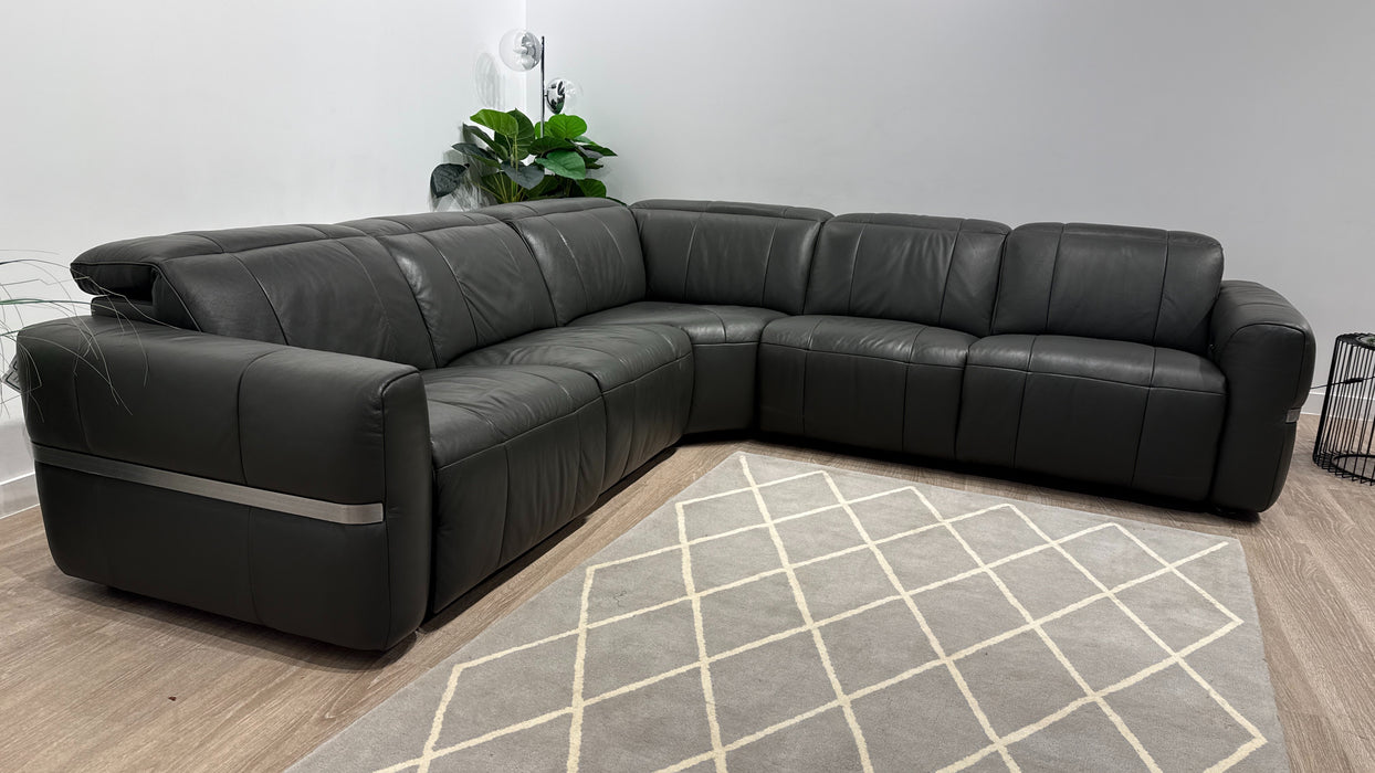 Sofology Lumiere Leather 3 Corner 3 Power Recliner/Headrest in Trusty Embossed Charcoal