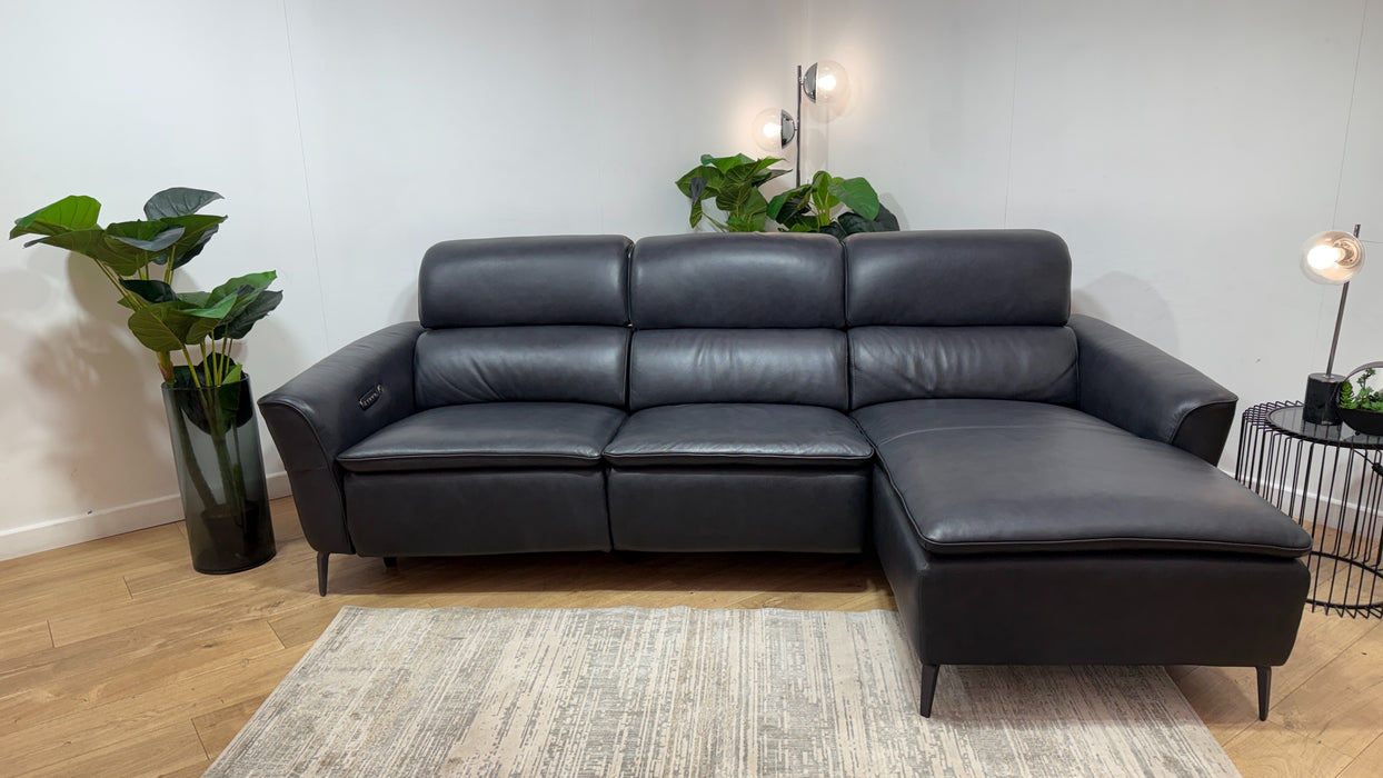 Sofology Viento Leather 3 Seater Chaise Power Recliner/Headrest Heated Seat Lumbar Support in Trusty Embossed Navy