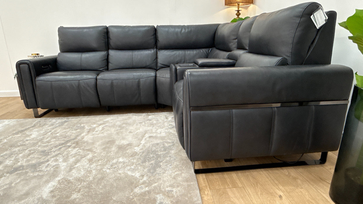 Sofology The Ravello Leather 2 Corner Console 1 Power Recliner/Headrest Heated Seat Lumbar Support in Trusty Embossed Navy