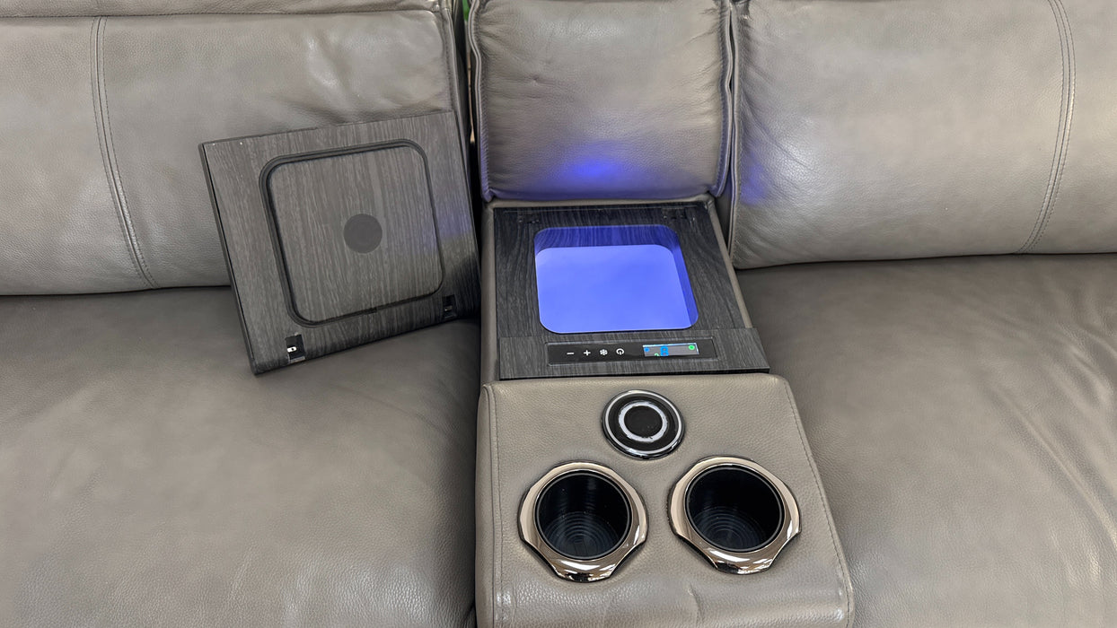 Sofology Premiere Leather 2.5 Seater Smart Console Power Recliner/Headrest in Trusty Embossed Grey