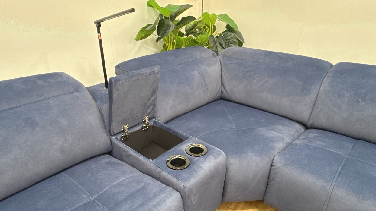 Sofology Marvella Fabric 3 Corner 3 Console Chaise Power Recliner/Headrest Heated Seats in Lifestyle Flecked Navy