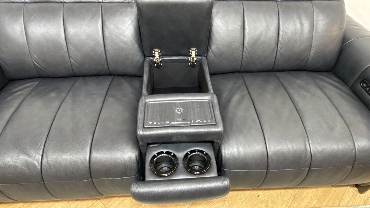 Sofology Paramount Leather 2.5 Seater Console Power Recliner/Headrest Speakers in Trusty Embossed Navy