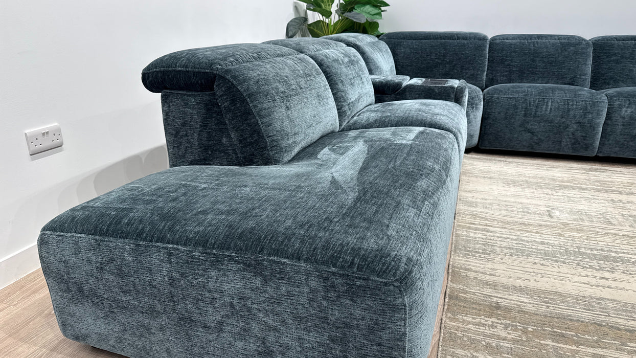 Sofology Drift Fabric Chaise 3 Console Corner 3 Power Recliner/Headrest in Luxury Textured Chenille Lagoon