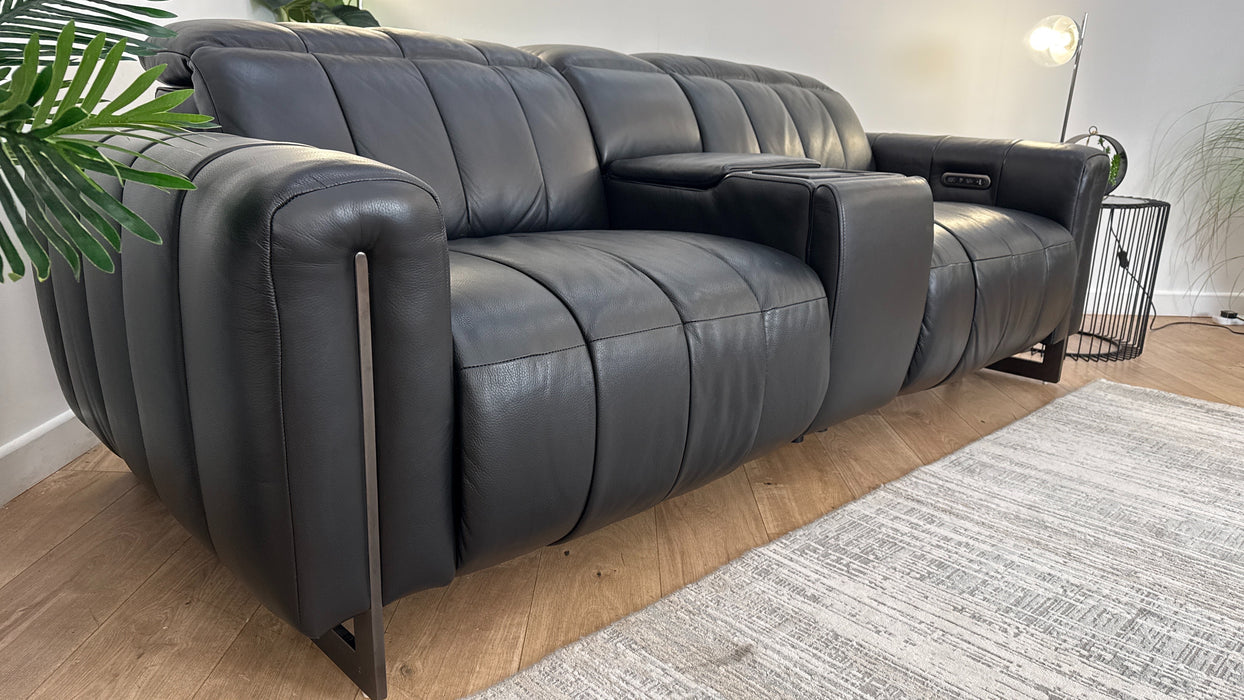 Sofology The Paramount Leather 2.5 Seater Console Power Recliner/Headrest Speakers in Trusty Embossed Jet Black