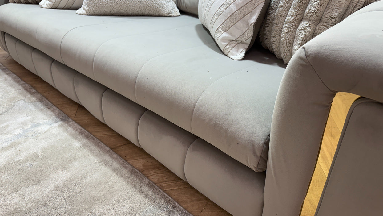 Sofology Oscar Fabric 4 Seater Gold Trim in Super Matt Velvet Pebble Mix