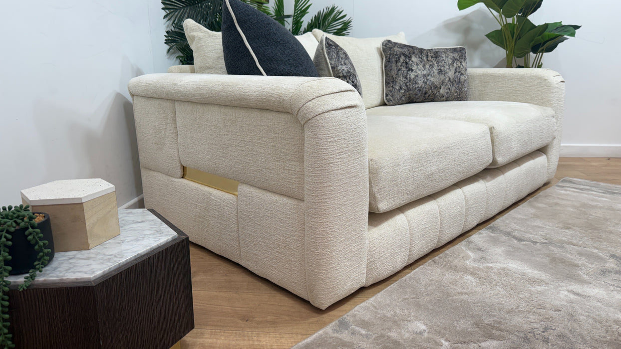 Sofology Westwood Fabric 2 Seater Gold Trim in Teddy Chenille Ivory Mix