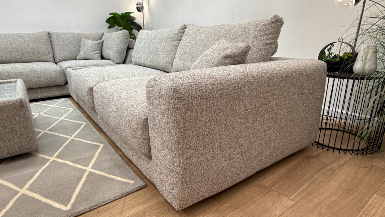 Sofology Amalfi Fabric Chaise 1 Corner Console 3 in Micro Flecked Boucle + Glass Table Pebble Mix