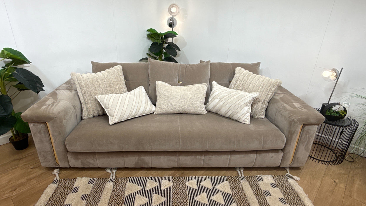 Sofology Oscar Fabric 4 Seater Gold Trim in Fine Textured Chenille Stone Mix
