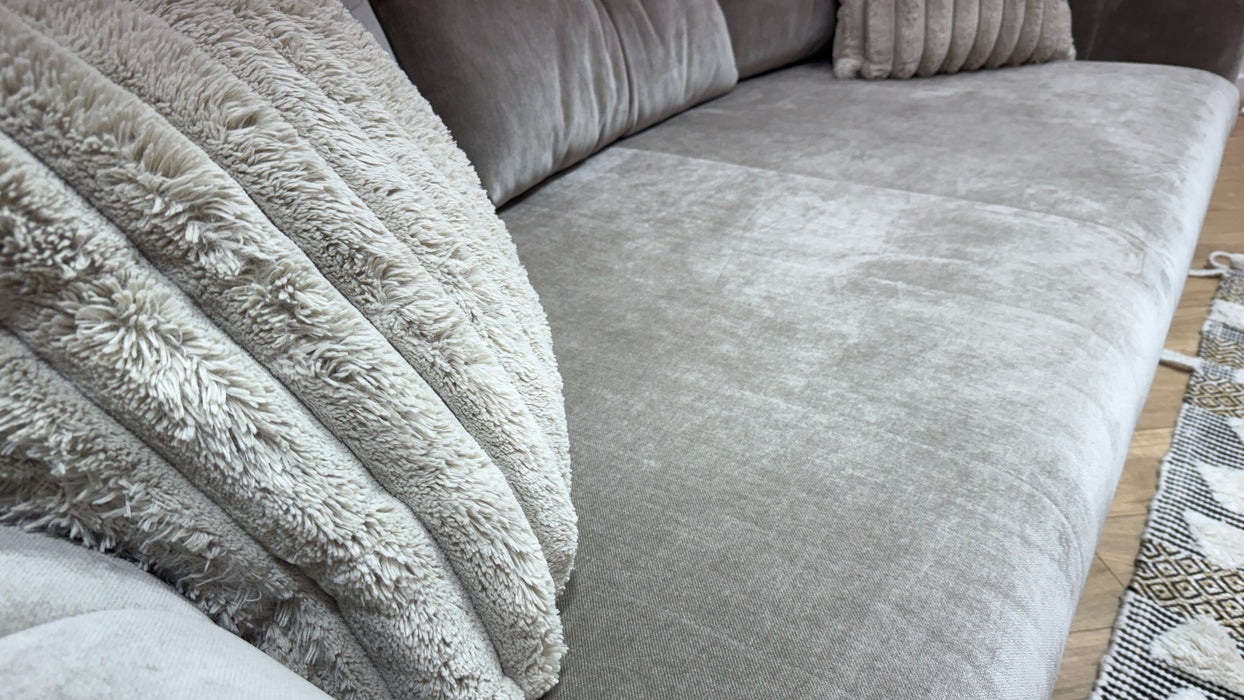 Sofology Oscar Fabric 4 Seater Gold Trim in Fine Textured Chenille Stone Mix