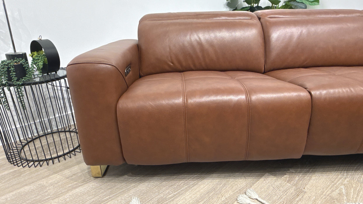 Sofology Marvella Leather 4 Seater Chaise Power Recliner/Headrest in Trusty Sheen Butterscotch