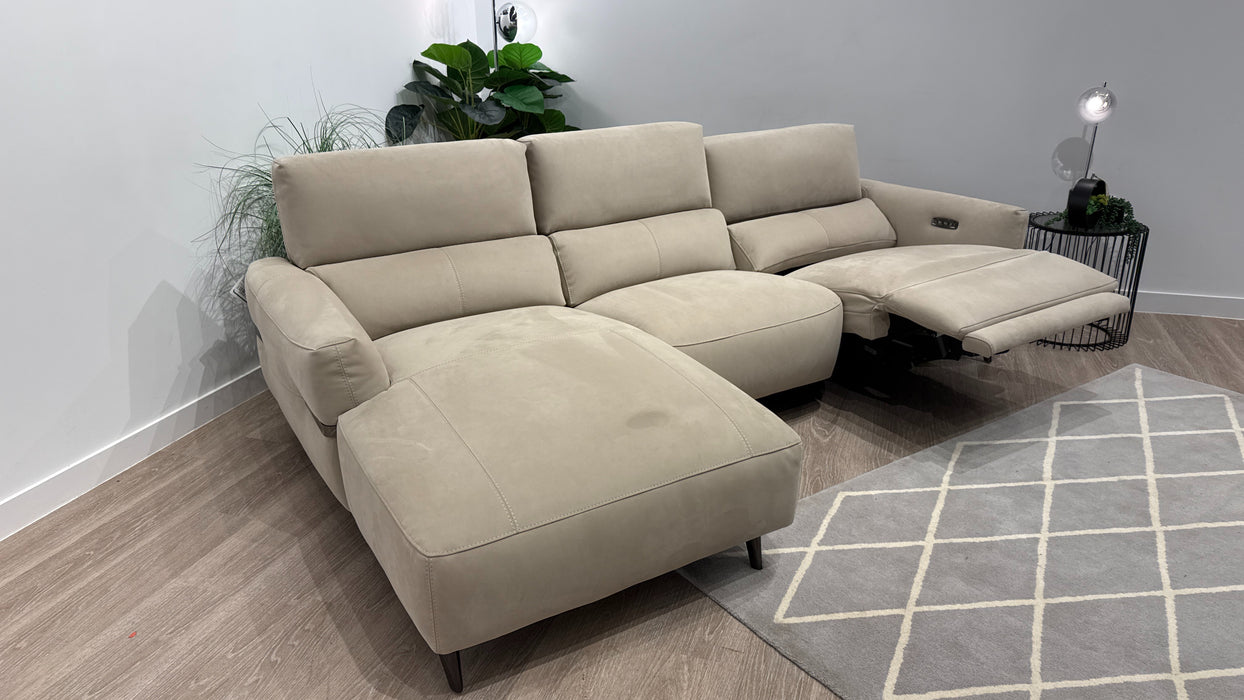 Sofology Arlington Fabric Chaise 3 Seater Power Recliner/Headrest in Lifestyle Nubuck Feel Stone