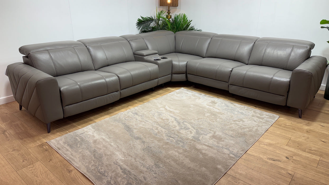 Sofology Allure Leather 3 Corner 3 Smart Console Power Recliner/Headrest Heated Seats Lumbar Support Speakers Trusty Embossed Elephant