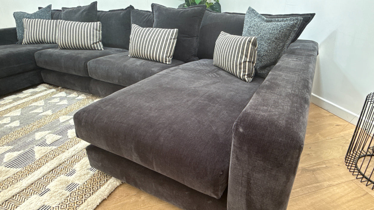 Sofology Cove Fabric Super Grande Double Chaise Black Wood Panel in Soft Chenille Anthracite Mix