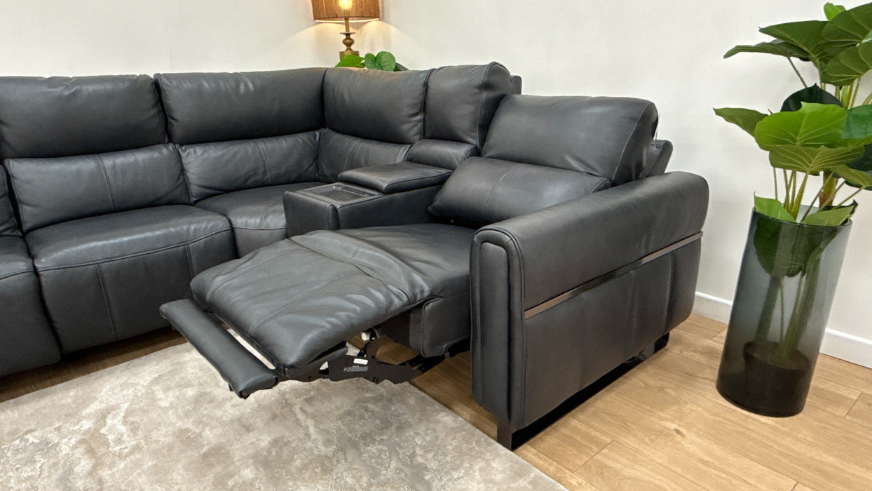 Sofology The Ravello Leather 2 Corner Console 1 Power Recliner/Headrest Heated Seat Lumbar Support in Trusty Embossed Navy