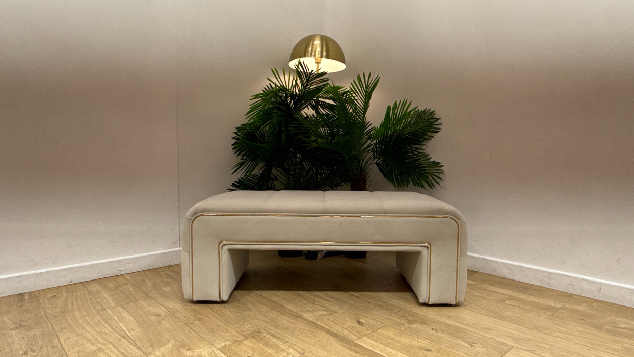 Sofology Oscar Fabric Small Bench Footstool Gold Trim in Super Matt Velvet Ecru