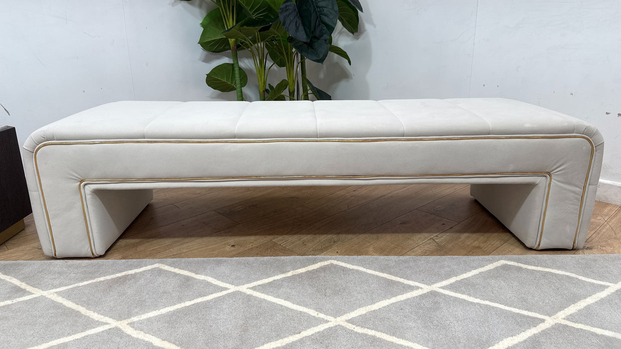 Sofology Oscar Fabric Large Bench Footstool Gold Trim in Super Matt Velvet Ecru