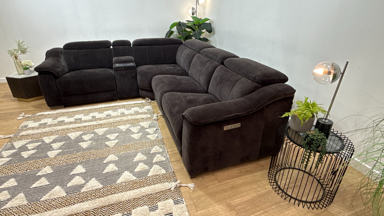 Sofology Carrera Fabric 1.5 Smart Console Corner 3 Power Recliner/Headrest in Relaxed Chenille Raisin