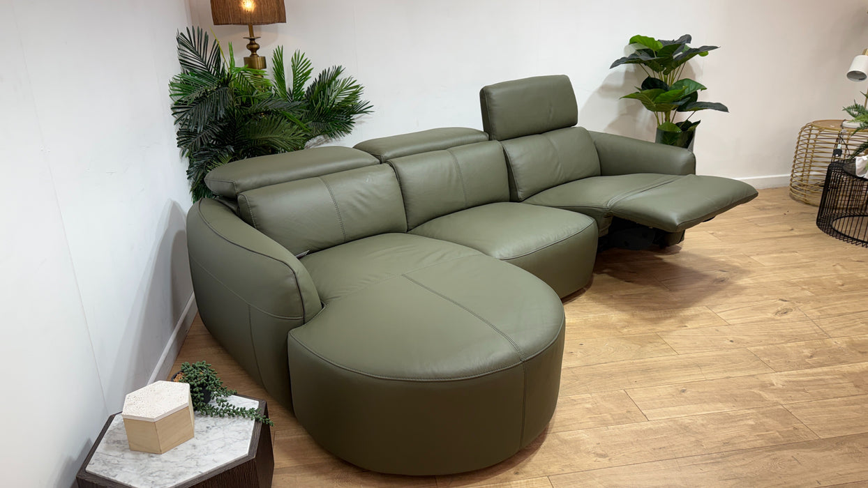 Sofology Serene Leather Chaise 3 Seater Power Recliner/Headrest in Trusty Matt Olive