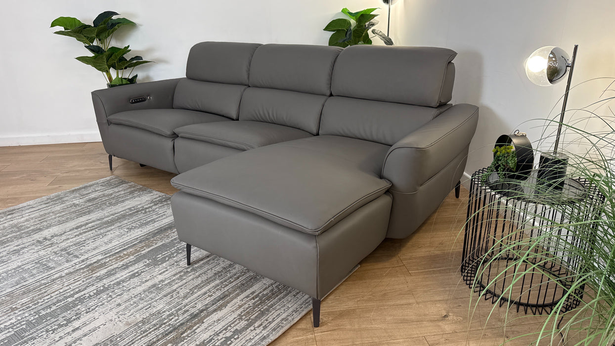 Sofology The Viento Leather 3 Seater Chaise Power Recliner/Headrest Lumbar Support Heated Seats in Trusty Super Matt Storm Grey