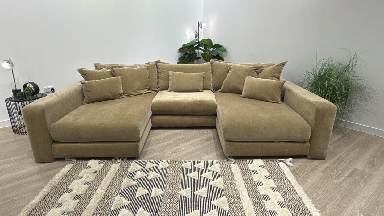 Sofology Cove Fabric Grande Double Chaise Dark Wood Panel in Soft Chenille Caramel