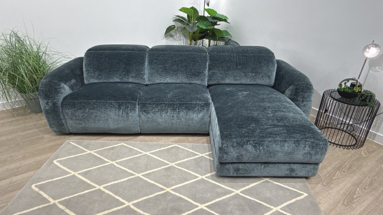 Sofology Drift Fabric 4 Seater Chaise Power Recliner/Headrest in Luxury Textured Chenille Lagoon