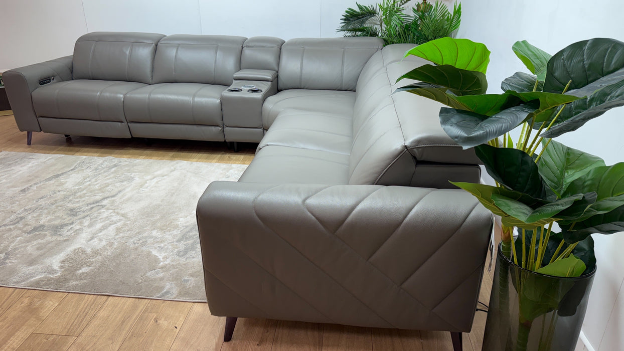 Sofology Allure Leather 3 Corner 3 Smart Console Power Recliner/Headrest Heated Seats Lumbar Support Speakers Trusty Embossed Elephant