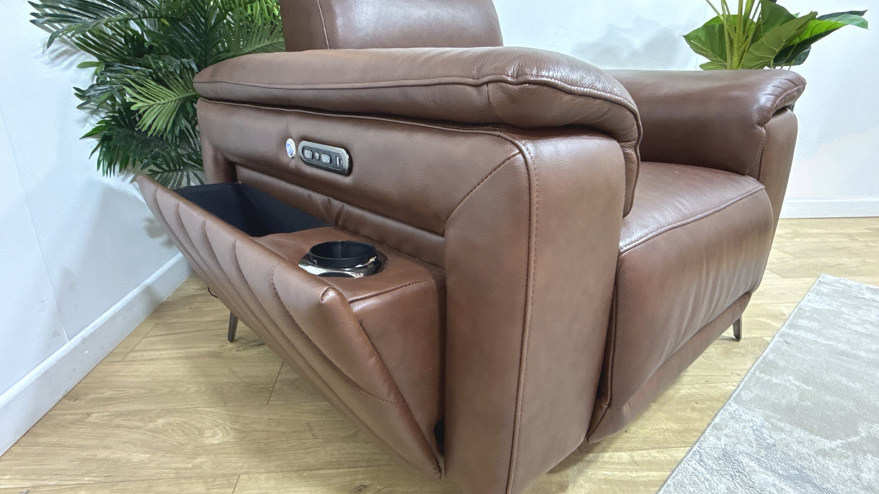 Sofology Fratelli Leather Chair Power Recliner/Headrest in Trusty Embossed Chestnut