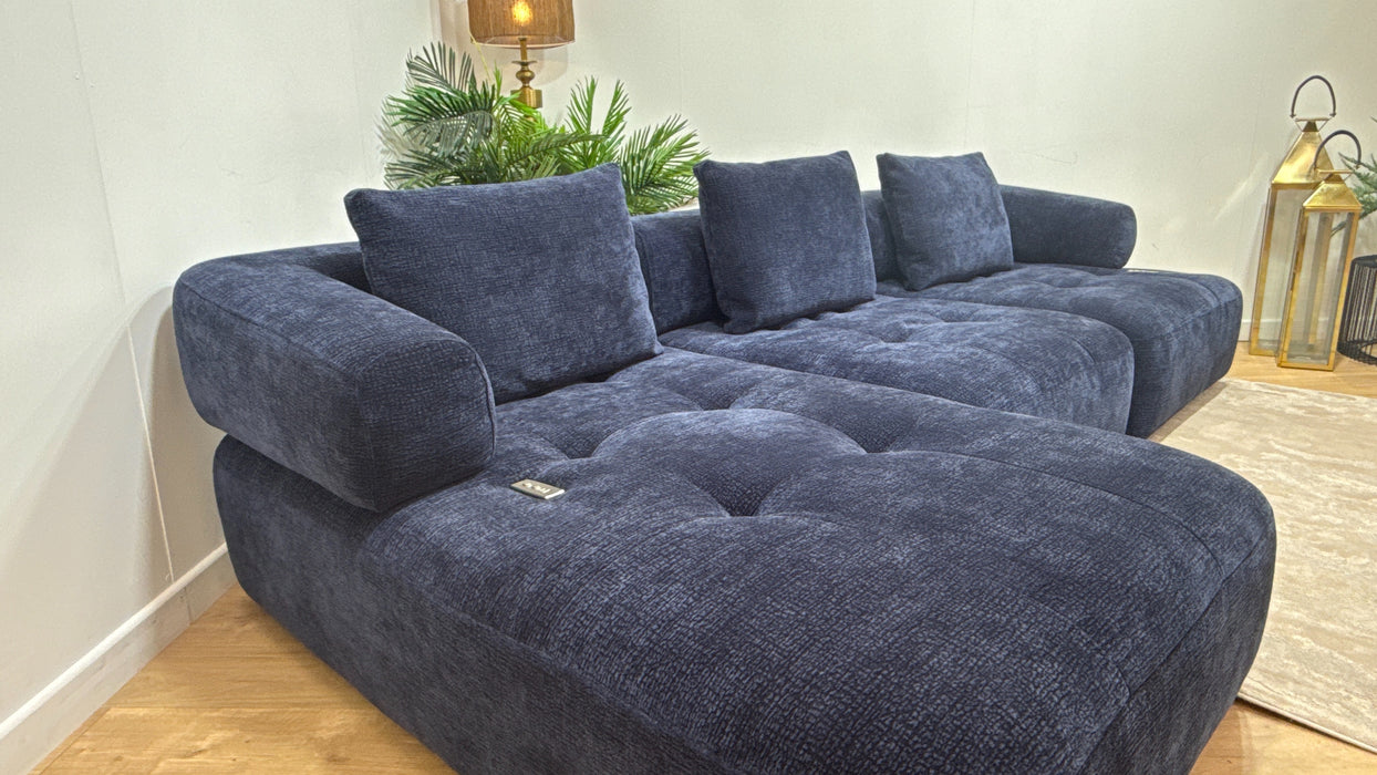 Sofology Flex Fabric Chaise 4 Seater Power Motion Standard Full Back in Heavy Textured Chenille Navy
