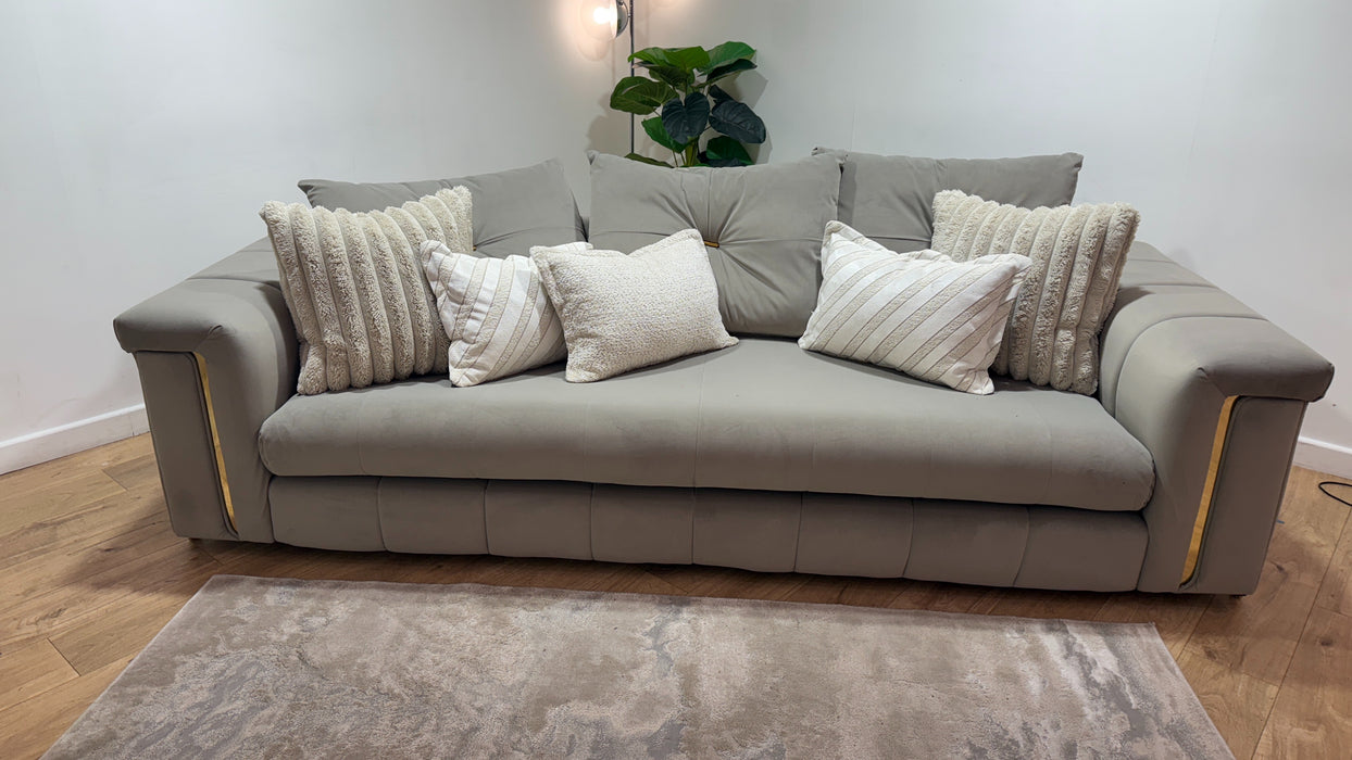 Sofology Oscar Fabric 4 Seater Gold Trim in Super Matt Velvet Pebble Mix