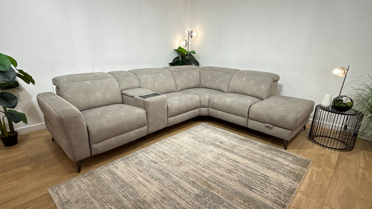 Sofology Jax Fabric 3 Corner 1.5 Chaise Power Recliner/Headrest Console in Lifestyle Flecked Stone